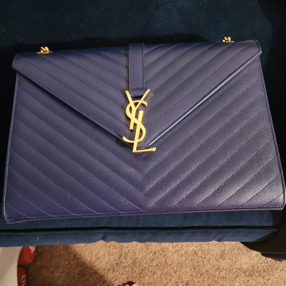 Yves Saint Laurent Royal Blue Quilted Clutch with Gold Logo